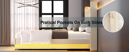 Bed Frame with Charging Station & Led Lights, Upholstered Platform Bed with Button Tufted Wingback Storage Headboard