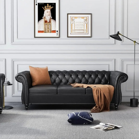 Chesterfield Sofa Leather for Living Room, 3 Seater Sofa Tufted Couch Faux Leather with Rolled Arms and Nailhead for Living Room