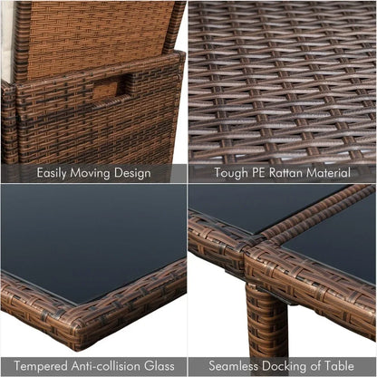 9 Pieces Patio Dining Sets Outdoor Space Saving Rattan Chairs with Glass Table Patio Furniture Sets Cushioned Seating (Beige)