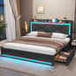 Bed Frame with Storage Headboard & 4 Drawers, Upholstered LED Bed Frame with Charging Station, Pu Leather Platform