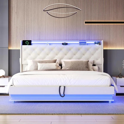 Bed Frame with Charging Station & Led Lights, Upholstered Platform Bed with Button Tufted Wingback Storage Headboard