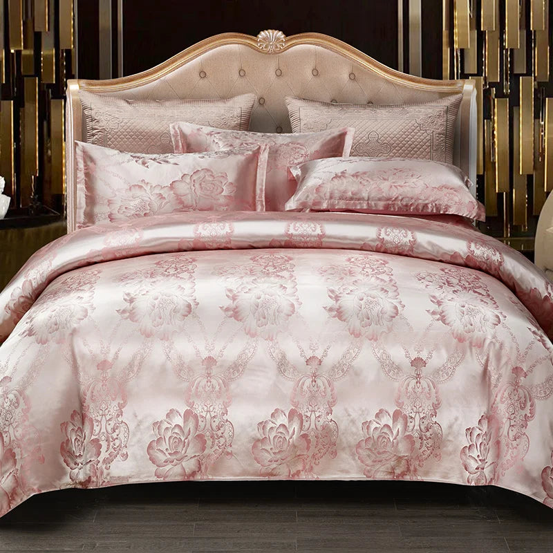 Floral Jacquard Satin Duvet Cover Set Queen 3 Piece Luxury Silk Like Bedding Comforter Covers with Zipper Closure & Corner Ties