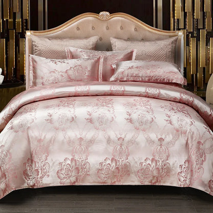Floral Jacquard Satin Duvet Cover Set Queen 3 Piece Luxury Silk Like Bedding Comforter Covers with Zipper Closure & Corner Ties