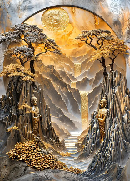 Golden Horizon Coastline Radiant Scenery Poster Moonlight Forest Bonsai Tree Waterfall Canvas Painting Wall Art Room Home Decor