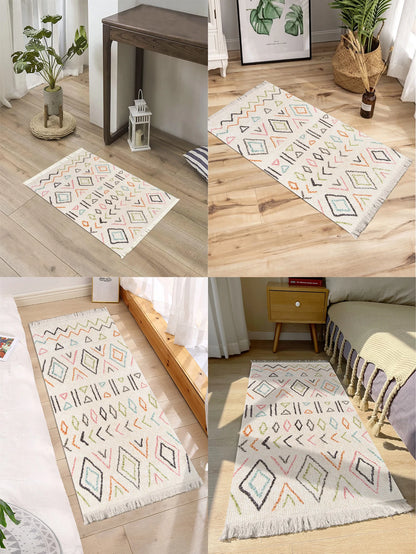 Handwoven cotton linen carpet retro Bohemian style square bedside geometric floor mat living room home decoration Bohemian manda