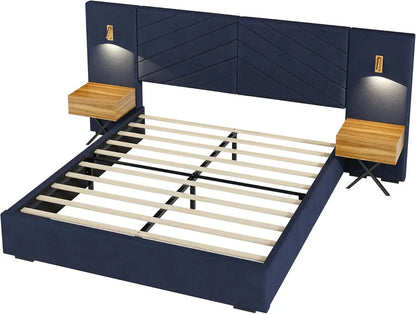 Luxury Bed Frame with Built-in Gold LED Lights and Nightstands, King Size Platform Bed with Oversize Upholstered Headboard