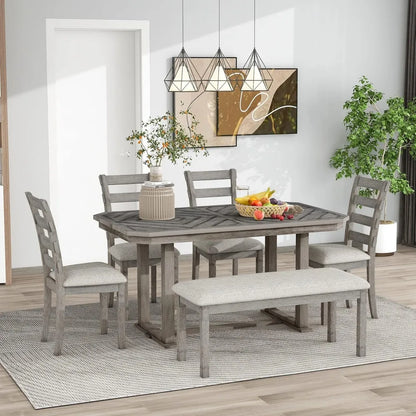 6 Pieces Dining Table Set with Bench, Rectangle Dining Table with 4 Upholstered Chairs & A Bench, Rubber Wood Dining Table Set