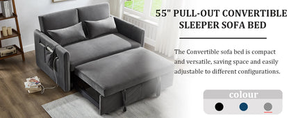 3 in 1 Pull Out Convertible Sofa Bed-Velvet Sleeper Sofa with 3Level Adjustable Backrest,Tufted Love Seat w/ 2Pockets ＆ 2Pillows