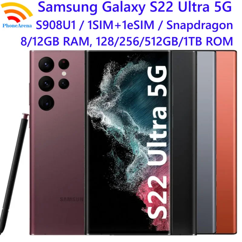 Samsung Galaxy S22 Ultra 5G S908U1 6.8" OLED 8/12GB RAM 128/256/512GB/1TB ROM Snapdragon NFC S22U eSIM Original  Phone