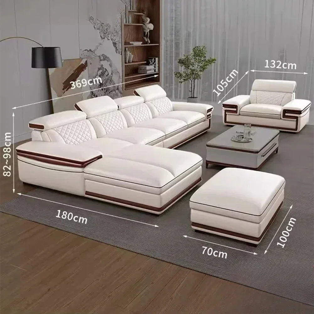 MINGDIBAO Premium Italian Genuine Leather Sofa Set for Living Room with Adjustable Headrests, Bluetooth Speaker, Wireless Charge