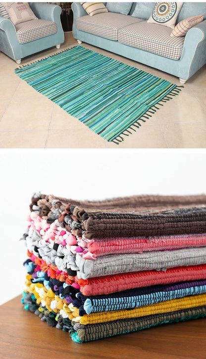 Cotton Tassel Carpet Rug Handmade Bedroom Rug Bedside Floor Mat Entrance Doormat Stripe Kitchen Mat Machine Washable Bath Rug