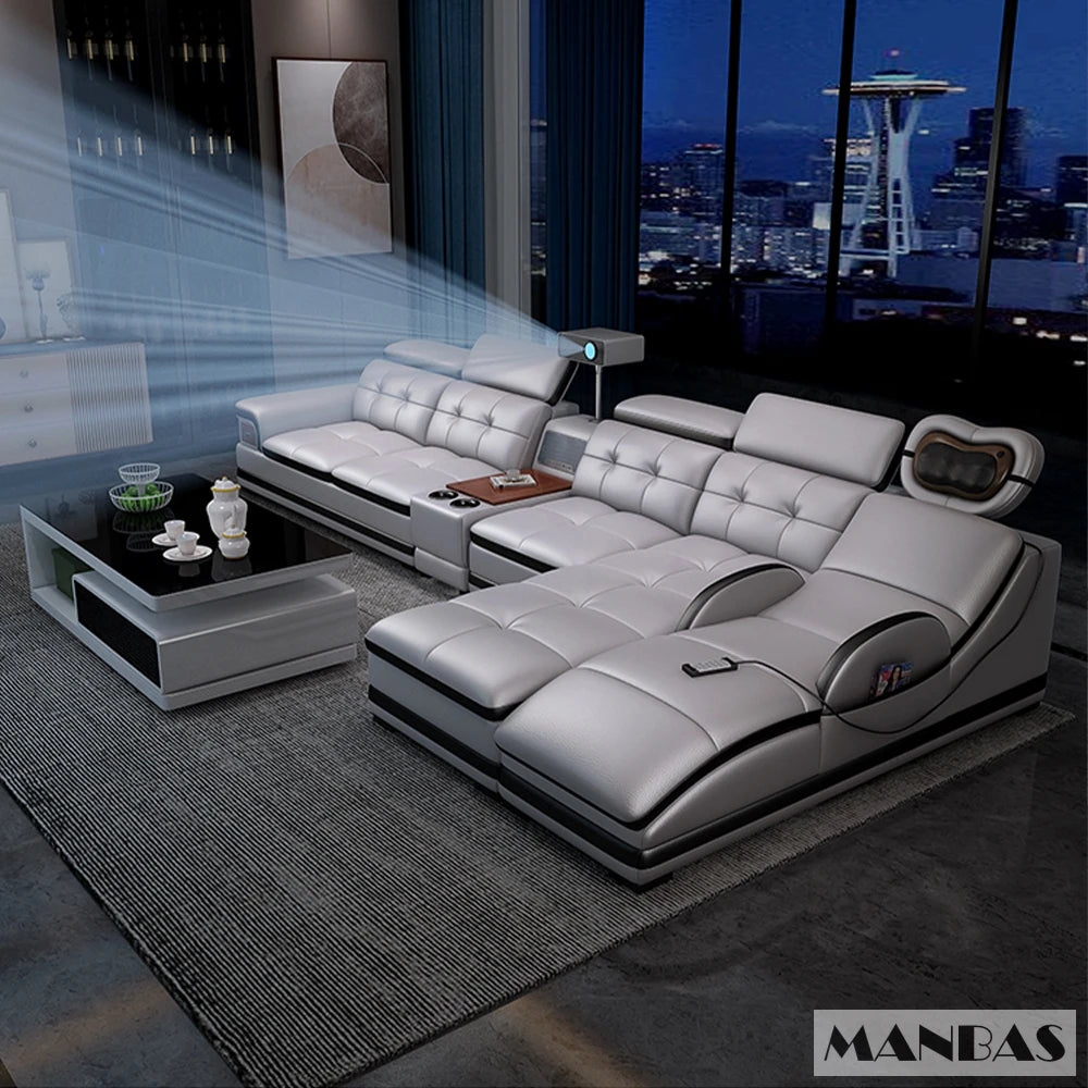 Bluetooth Speaker and Massage Italian Leather Sofa Set with USB, Cup Holder, Adjustable Headrests, Projector Living Room Couch