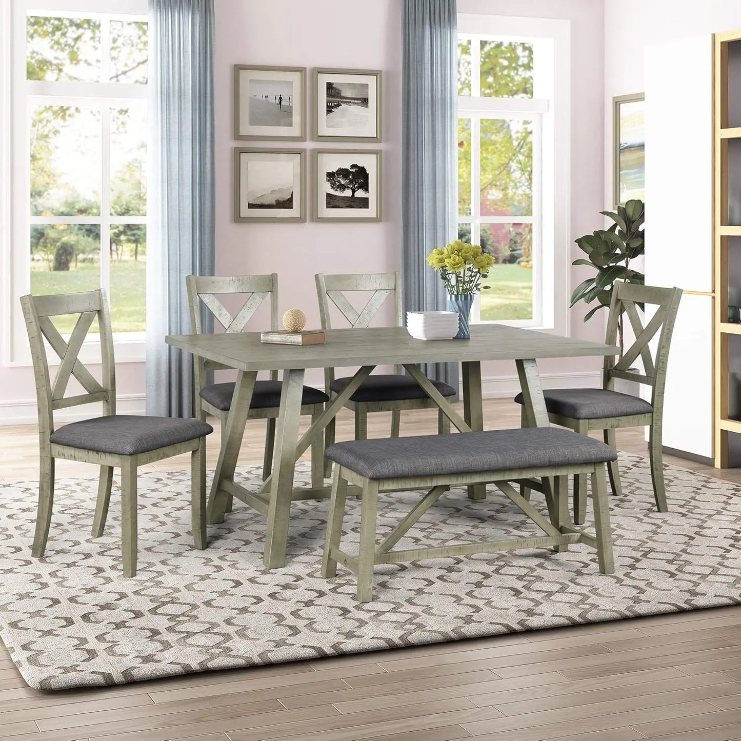 6 Pieces Dining Table Set with Bench, Rectangle Dining Table with 4 Upholstered Chairs & A Bench, Rubber Wood Dining Table Set