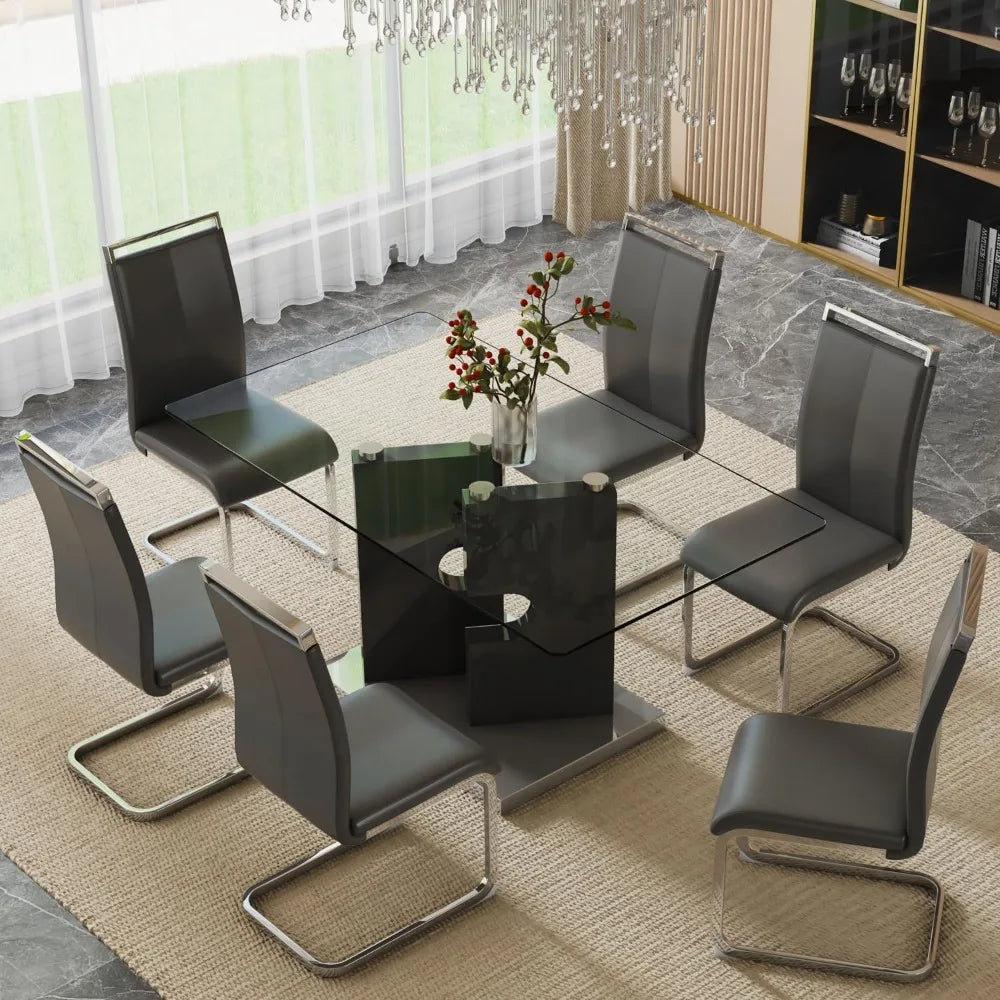 Modern dining table set for 6 people, glass table with 6 faux leather chairs, kitchen display table, suitable for living room