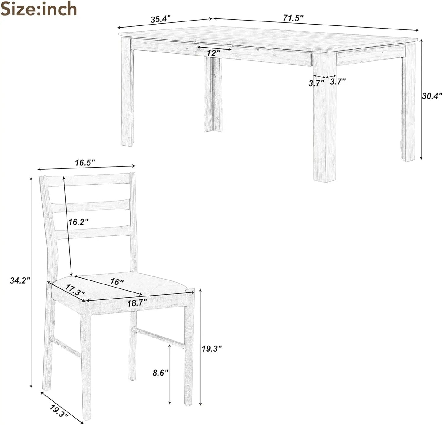 6 Pieces Dining Table Set with Bench, Rectangle Dining Table with 4 Upholstered Chairs & A Bench, Rubber Wood Dining Table Set