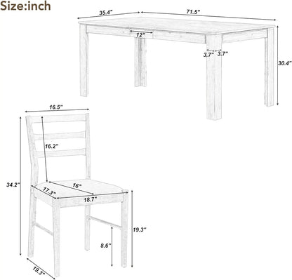 6 Pieces Dining Table Set with Bench, Rectangle Dining Table with 4 Upholstered Chairs & A Bench, Rubber Wood Dining Table Set