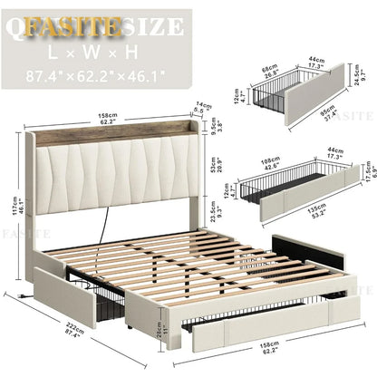 Queen Size Bed Frame with 3 Drawers, Upholstered Platform Beds with Storage Headboard and Charging Station