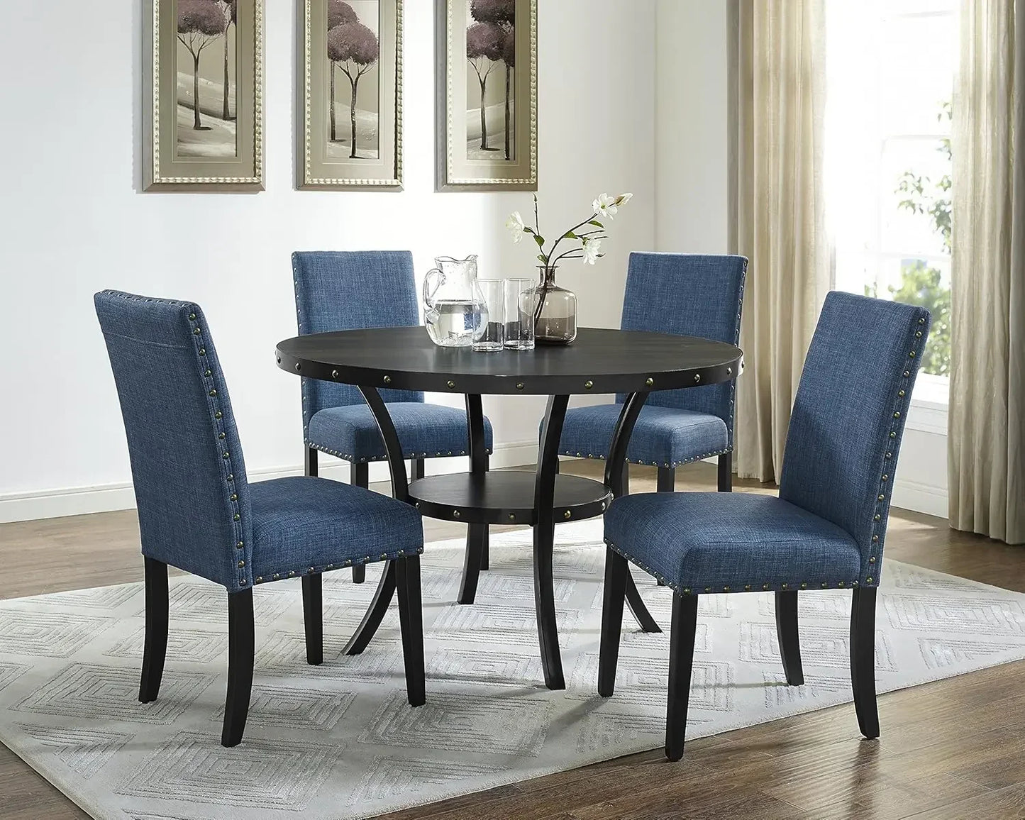 Furniture Biony Dining Collection Espresso Wood Set Fabric Nailhead Chairs