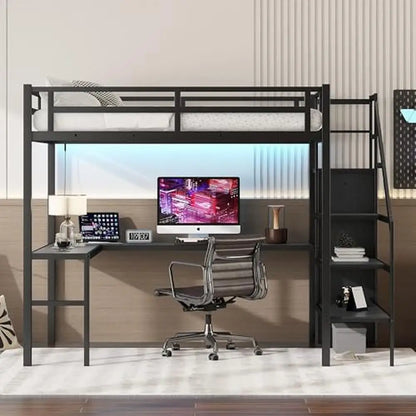 Full Size Gaming Loft Bed L-Shaped Desk Wardrobe Adjustable Shelf LED Charging Station Meta Loft Bed Kids Cozy Gaming Learning