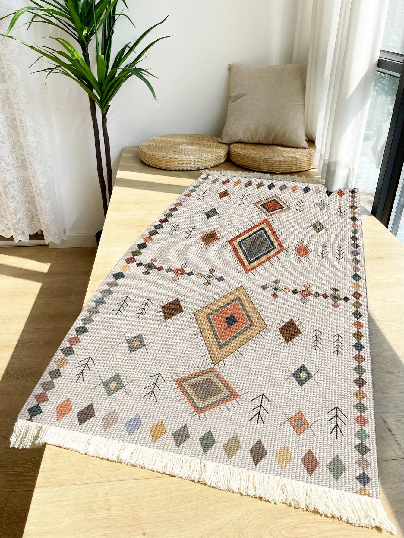 Handwoven cotton linen carpet retro Bohemian style square bedside geometric floor mat living room home decoration Bohemian manda