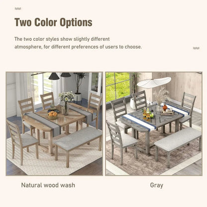 6 Pieces Dining Table Set with Bench, Rectangle Dining Table with 4 Upholstered Chairs & A Bench, Rubber Wood Dining Table Set