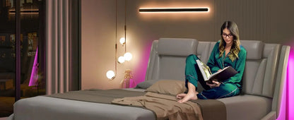 Upholstered Bed Frame, Adjustable LED Headboard, Pu Leather Platform Bed with Wave-Like Curve Design and Solid Wooden, Queen Bed