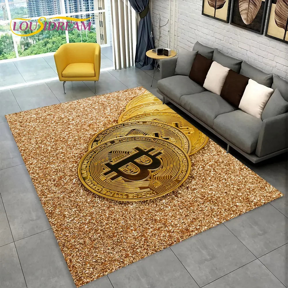 3D Bitcoin Virtual Currency Area Rug Large, Carpet Rug for Living Room Bedroom Sofa Playroom Doormat Decor, Kid Non-slip Floor Mat