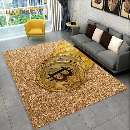 3D Bitcoin Virtual Currency Area Rug Large, Carpet Rug for Living Room Bedroom Sofa Playroom Doormat Decor, Kid Non-slip Floor Mat