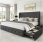 King Size Bed Frame with 4 Storage Drawers and Tufted Headboard Linen Upholstered Platform Bed Frame Wingback Beds.