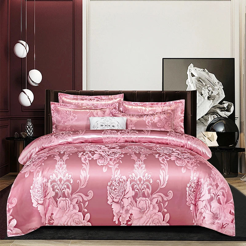 Floral Jacquard Satin Duvet Cover Set Queen 3 Piece Luxury Silk Like Bedding Comforter Covers with Zipper Closure & Corner Ties