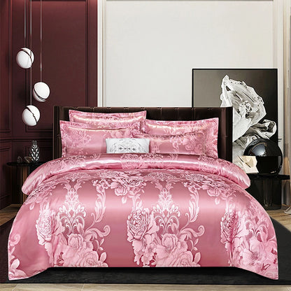 Floral Jacquard Satin Duvet Cover Set Queen 3 Piece Luxury Silk Like Bedding Comforter Covers with Zipper Closure & Corner Ties