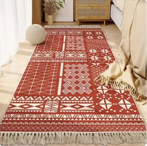 Morocco Bedroom Living Room Bedside Carpet Floor Mat Floral Kilim Cotton Linen Rectangular Rug Persian Tassel Carpet Tapis