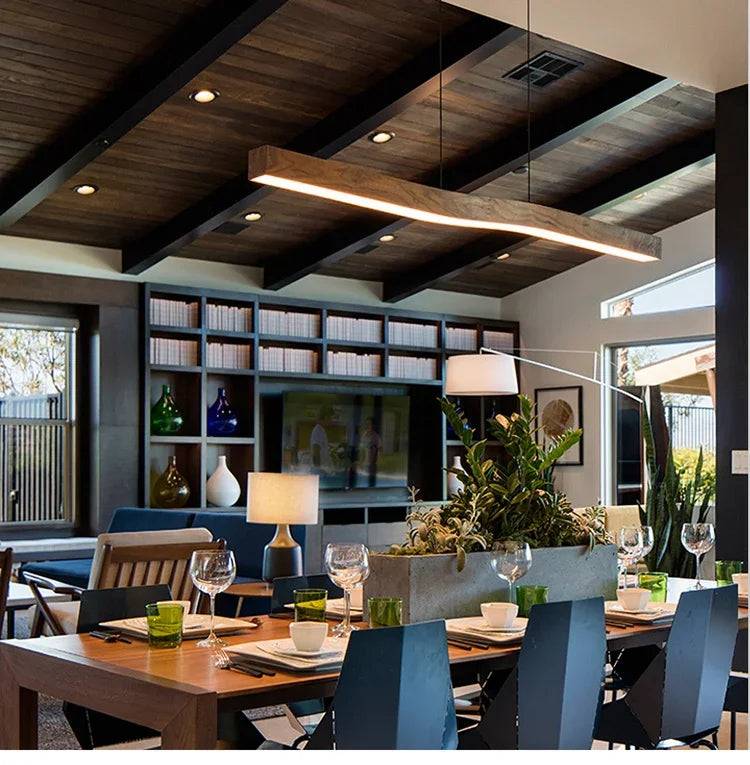 Modern Walnut Led Long Pendant Lights for Kitchen Island Dining Room Study Room Hanging Lamp Ceiling Chandeliers Wood Wooden