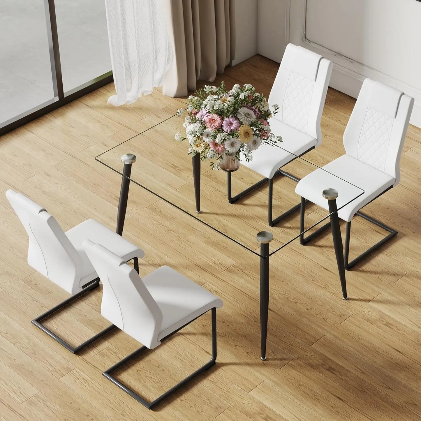 Glass Dining Table Set for 4,5 Piece Dining Table and Chairs Set，Modern Kitchen Dining Room Table with 4 Black PU Leather