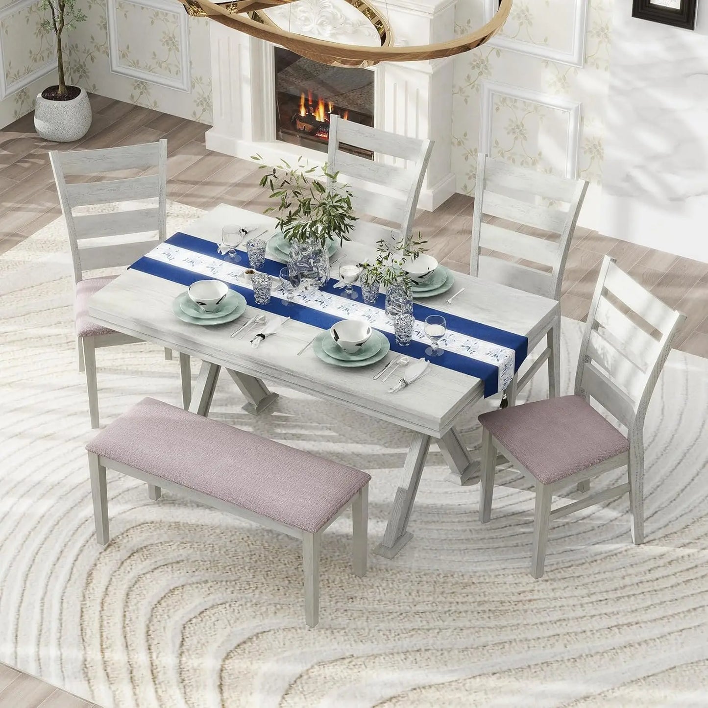 6 Pieces Dining Table Set with Bench, Rectangle Dining Table with 4 Upholstered Chairs & A Bench, Rubber Wood Dining Table Set