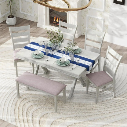 6 Pieces Dining Table Set with Bench, Rectangle Dining Table with 4 Upholstered Chairs & A Bench, Rubber Wood Dining Table Set