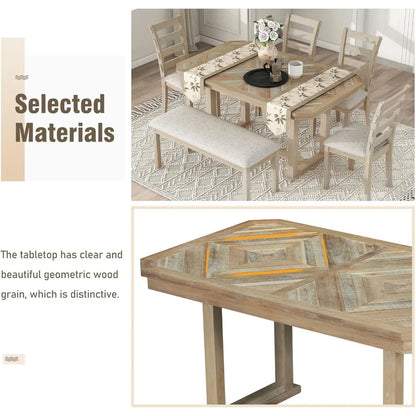 6 Pieces Dining Table Set with Bench, Rectangle Dining Table with 4 Upholstered Chairs & A Bench, Rubber Wood Dining Table Set