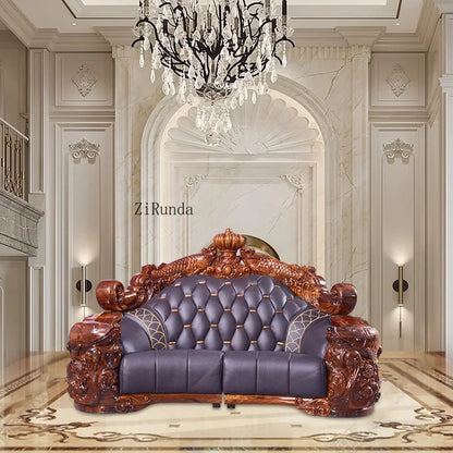 Ebony sofa leather combination, living room villa luxury solid wood furniture