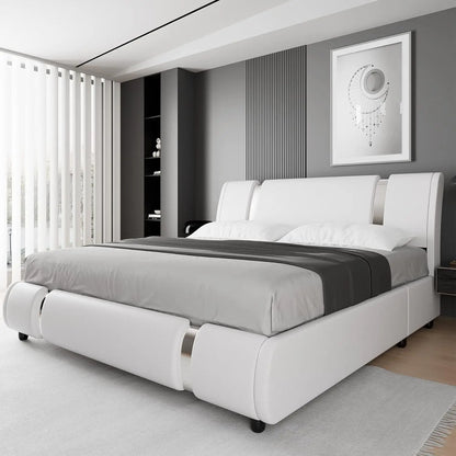 Modern Faux Leather Upholstered Platform Bed Frame with Golden Iron Metal Decor, Adjustable Curved Headboard, Queen Size, White