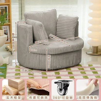Leisure Comfy Single Sofa Chair Soft Upholstered Movable Swivel Accent Chair for Living Room Bedroom Armchair with Wheels