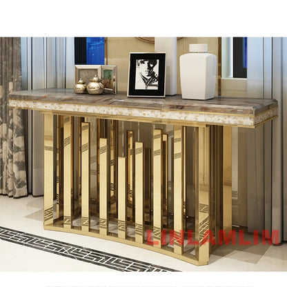 MINGDIBAO Dining Side Table with Sticking Seashells, Natural Marble Stainless Gold End Table, Handmade Coastal Style Furniture