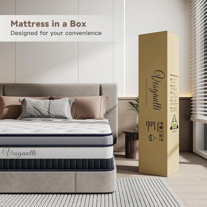 Vesgantti 11 Inch Pocket Sprung Mattress with Breathable Foam and Individually Pocket Spring - Medium, Luxury Box Top Collection