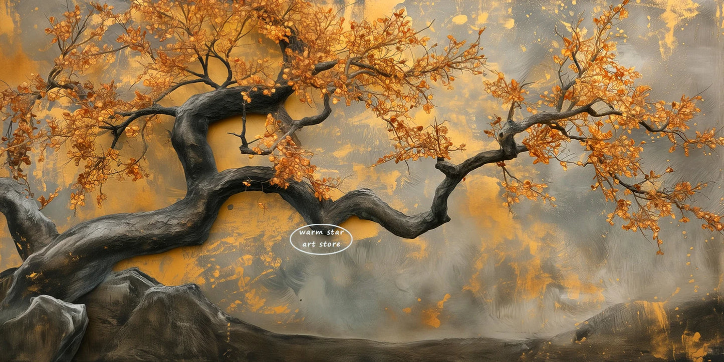 Yellow Blossom Flower Leaves Painting Print Blooming Tree Wall Art Textured Tree of Life Canvas Wall Art Nature Art Home Decor