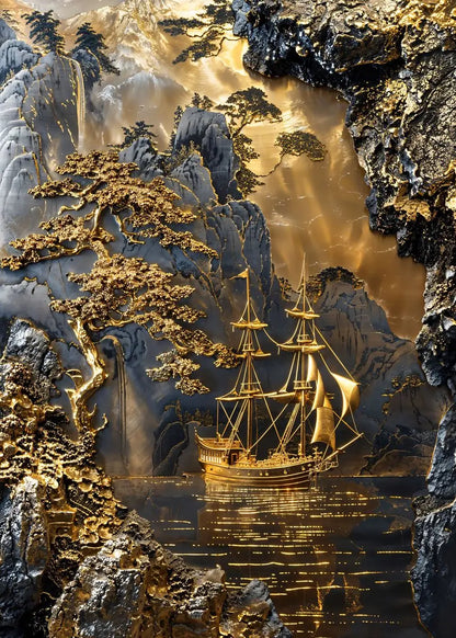 Golden Horizon Coastline Radiant Scenery Poster Moonlight Forest Bonsai Tree Waterfall Canvas Painting Wall Art Room Home Decor
