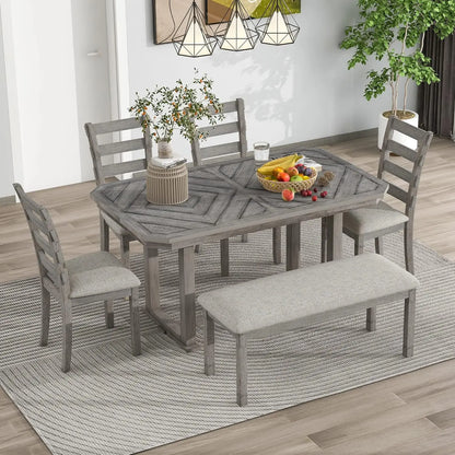 6 Pieces Dining Table Set with Bench, Rectangle Dining Table with 4 Upholstered Chairs & A Bench, Rubber Wood Dining Table Set