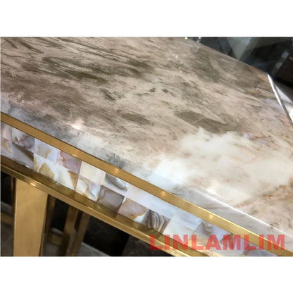 MINGDIBAO Dining Side Table with Sticking Seashells, Natural Marble Stainless Gold End Table, Handmade Coastal Style Furniture
