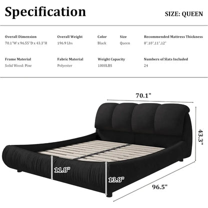Deluxe king-size upholstered platform bed with upholstered backrest, soft-framed cloud bed, thickened pine slats, metal legs
