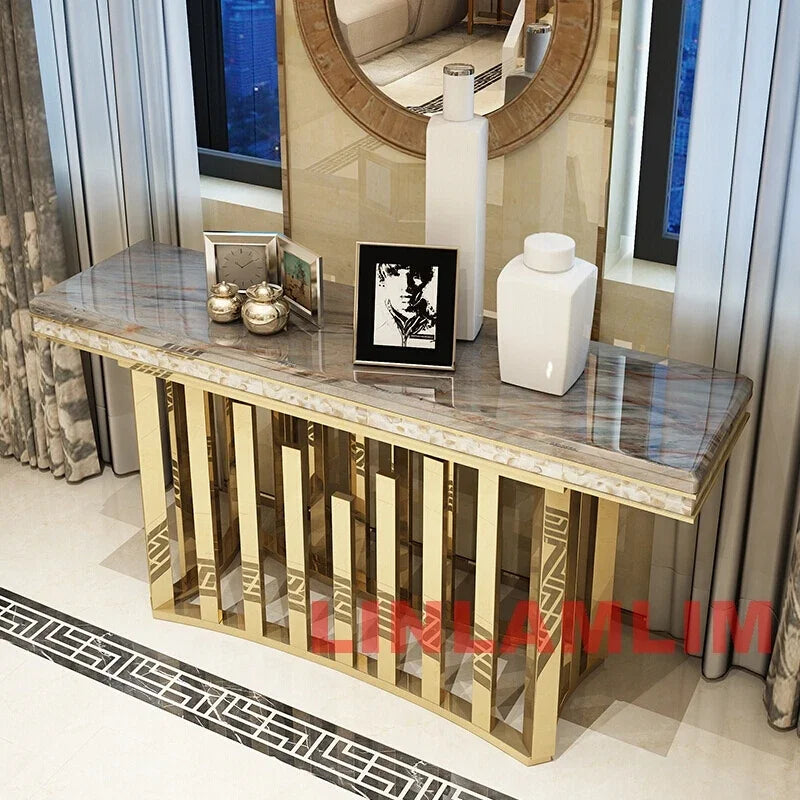 MINGDIBAO Dining Side Table with Sticking Seashells, Natural Marble Stainless Gold End Table, Handmade Coastal Style Furniture