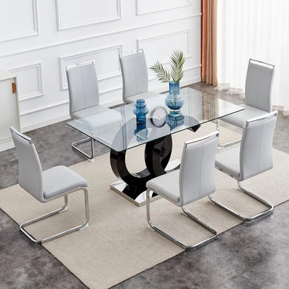Glass Dining Table Set for 6 ,7 Piece Dining Table Set,Tempered Glass Table Top,PU Leather Ergonomic Dining Chairs Easy Assembly