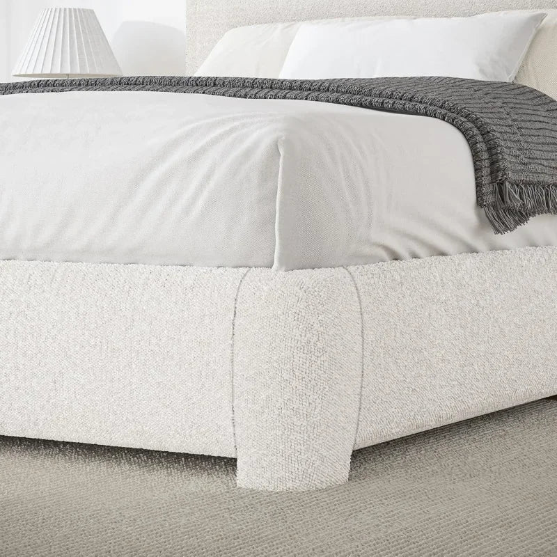 King and Headboard,Boucle Upholstered Platform Bed Frame,Modern Style,Soft Rounded Corners,No Box Spring Required,Easy